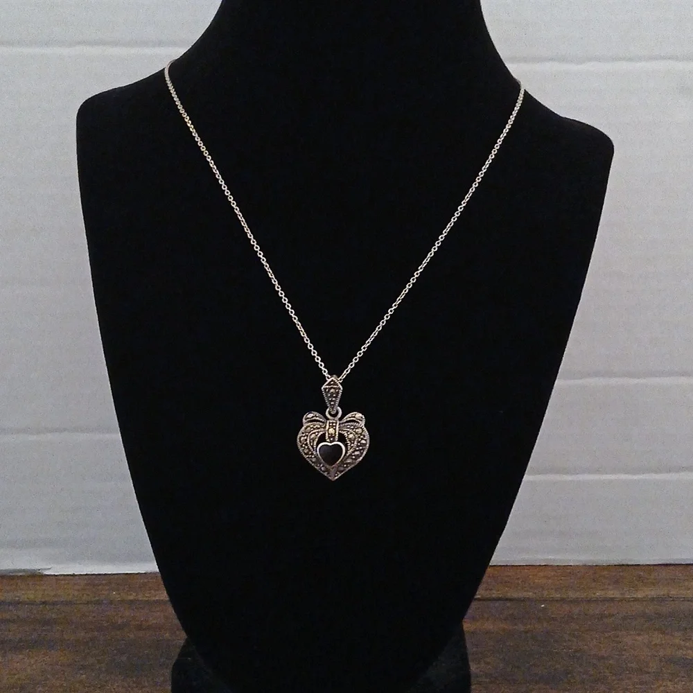 Vintage Sterling Silver Black Onyx Heart Marcasite Heart Pendant
